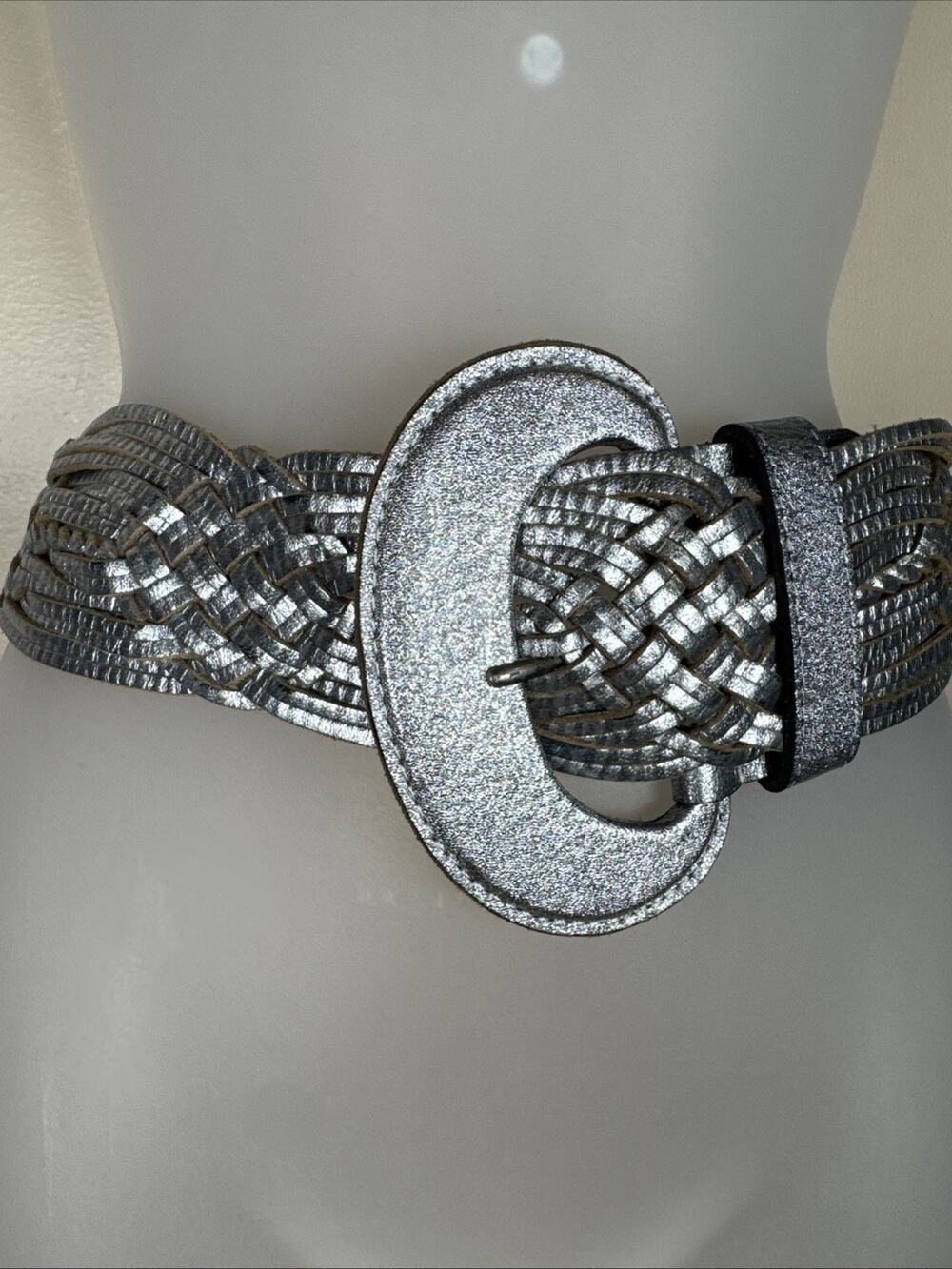VTG Linea Belle Women’s Wide Leather Braided Belt Silver M Boho Whimsigoth Fairy